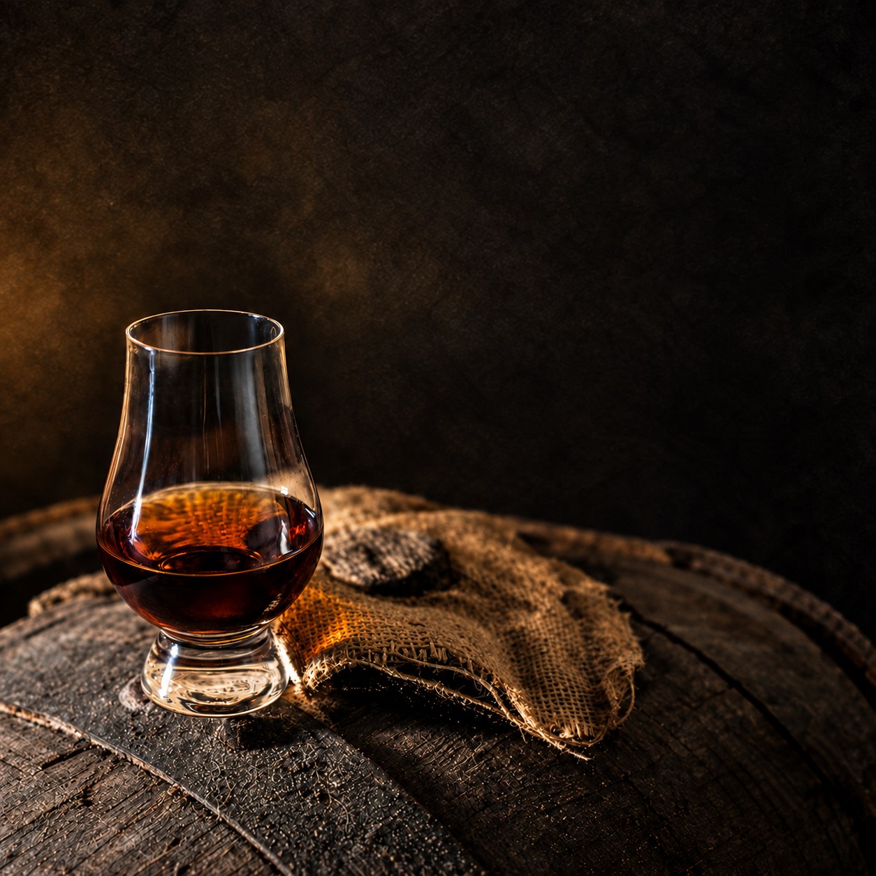 Calice di whisky su una botte